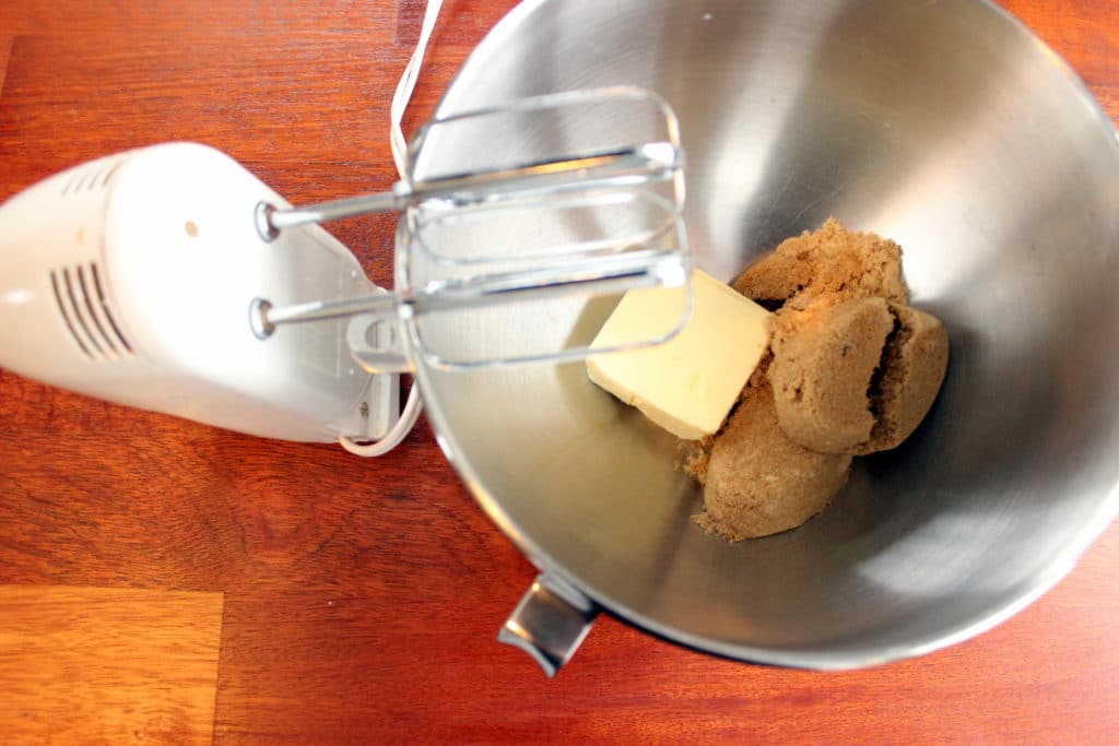 Butter and Brown Sugar in Metal Mixing Bowl.
