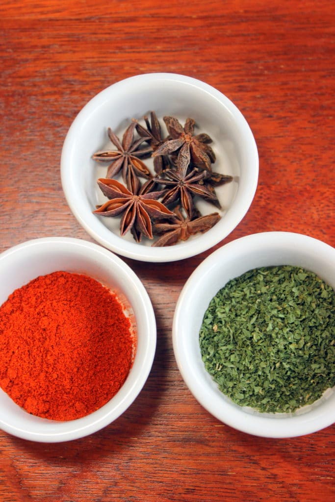 3 Different Spices in White Bowls.