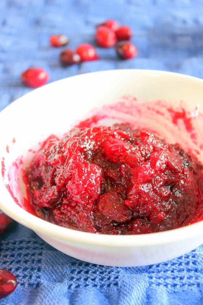 Cranberry Sauce in white bowl.