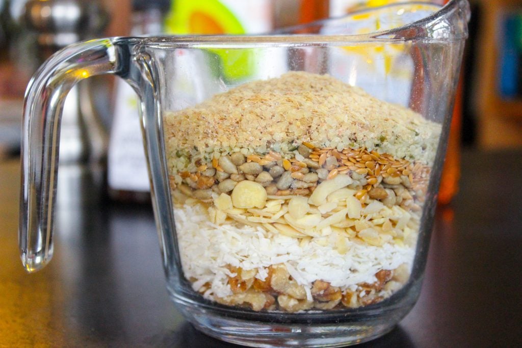 Granola Ingredients in Glass Measuring Bowl.