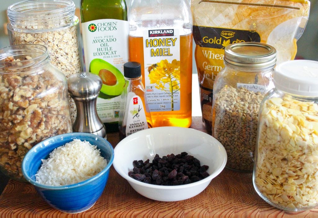 Granola Ingredients on Wooden Board.