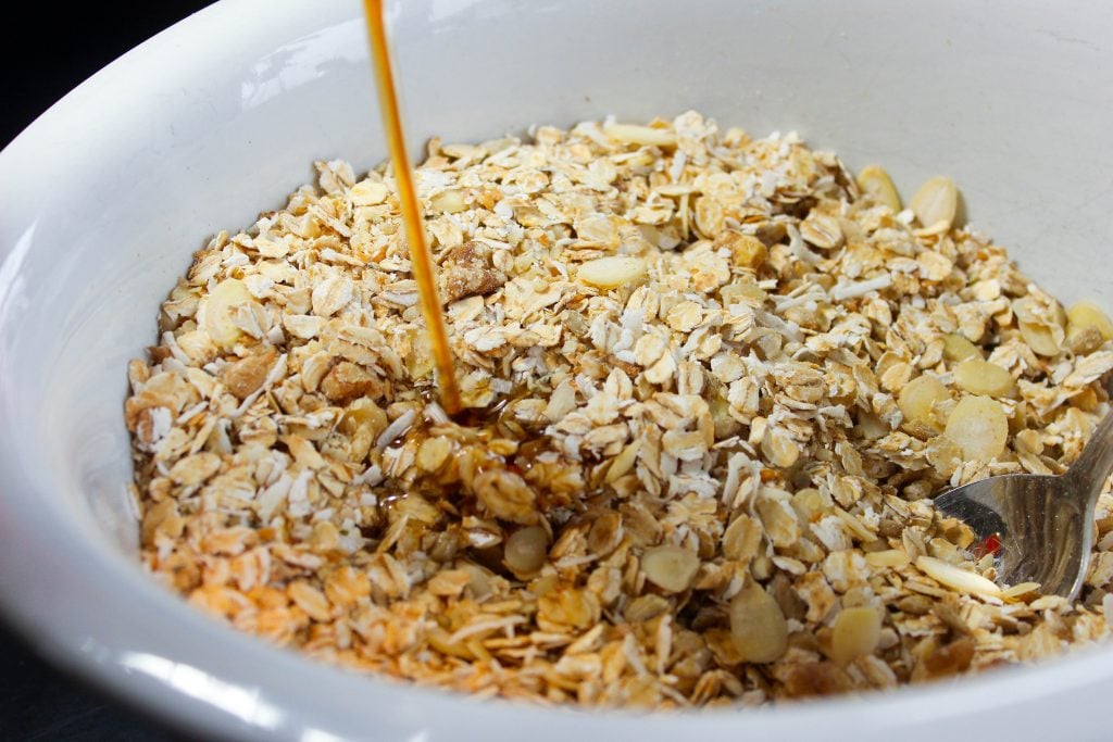 Granola Ingredients in White Bowl.