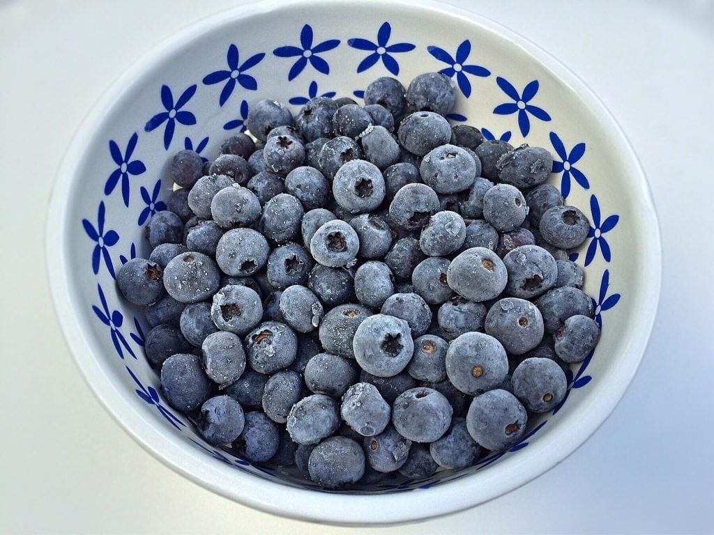 Blueberries in White and Blue Bowl.
