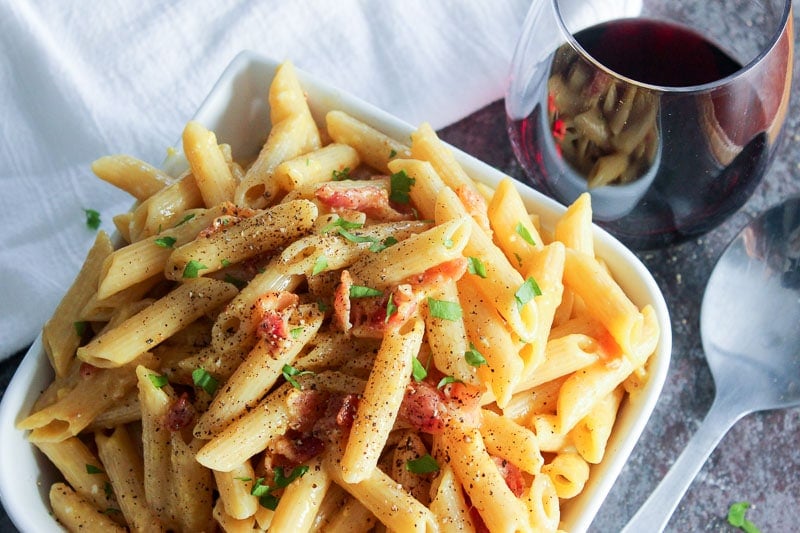 Pasta Carbonara with Bacon in White Bowl.