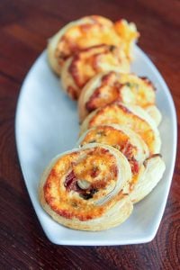 Jalapeño Popper Pinwheels with Puff Pastry on White Plate.