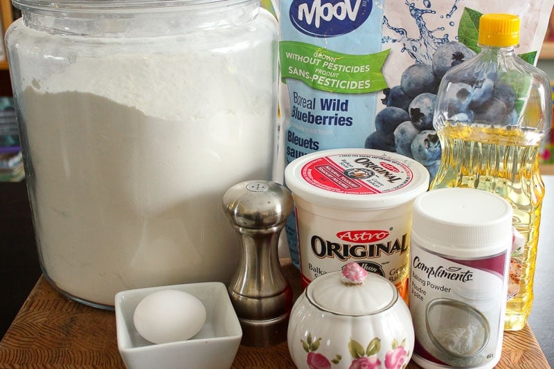 Healthy Yogurt Pancakes Ingredients on Wooden Board.