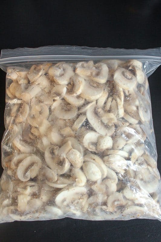 Freezer bag of sliced mushrooms