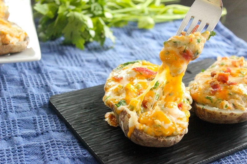 Twice Baked Potatoes on Black Board.