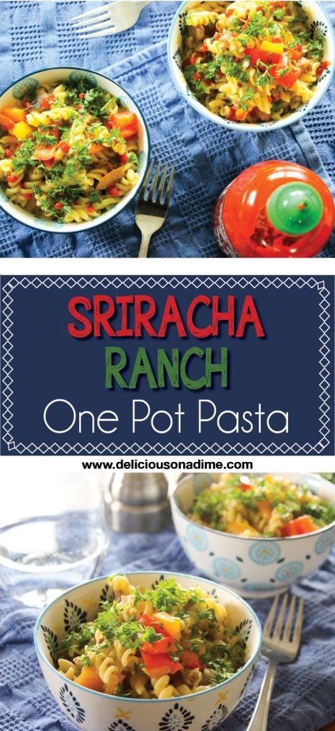 This Sriracha Ranch One Pot Pasta brings together the spicy tang of Sriracha and the creamy coolness of ranch dressing. Ready in just over 30 minutes, it's easy enough for a week night supper, with only one pot to wash later!