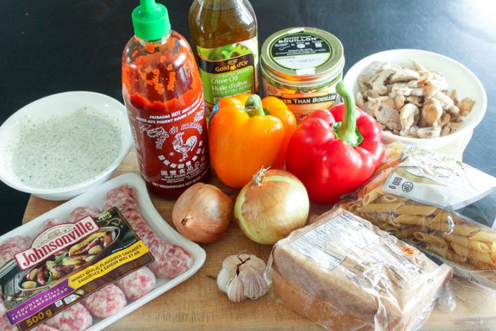 Sriracha Pasta Ingredients on Wooden Board.