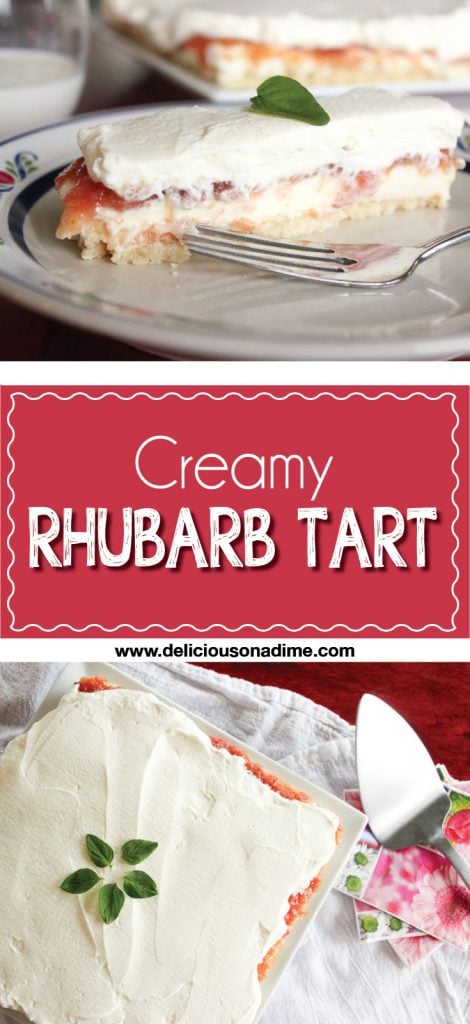 This Creamy Rhubarb Tart is the perfect way to celebrate Mother's Day or just spring's first harvest! A buttery shortbread base, rich cream cheese layer, tart rhubarb filling and airy whipped cream topping will have you dreaming of this tart until rhubarb season next year!