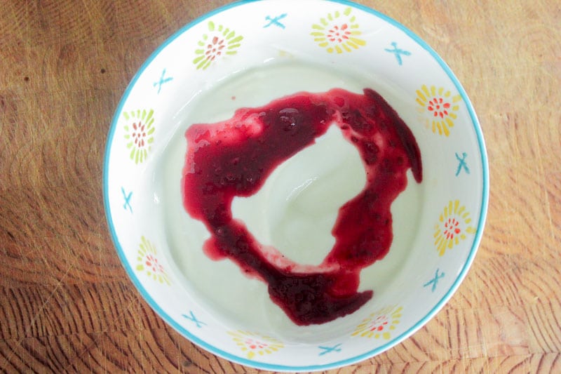 Yogurt and Jam in White Bowl.