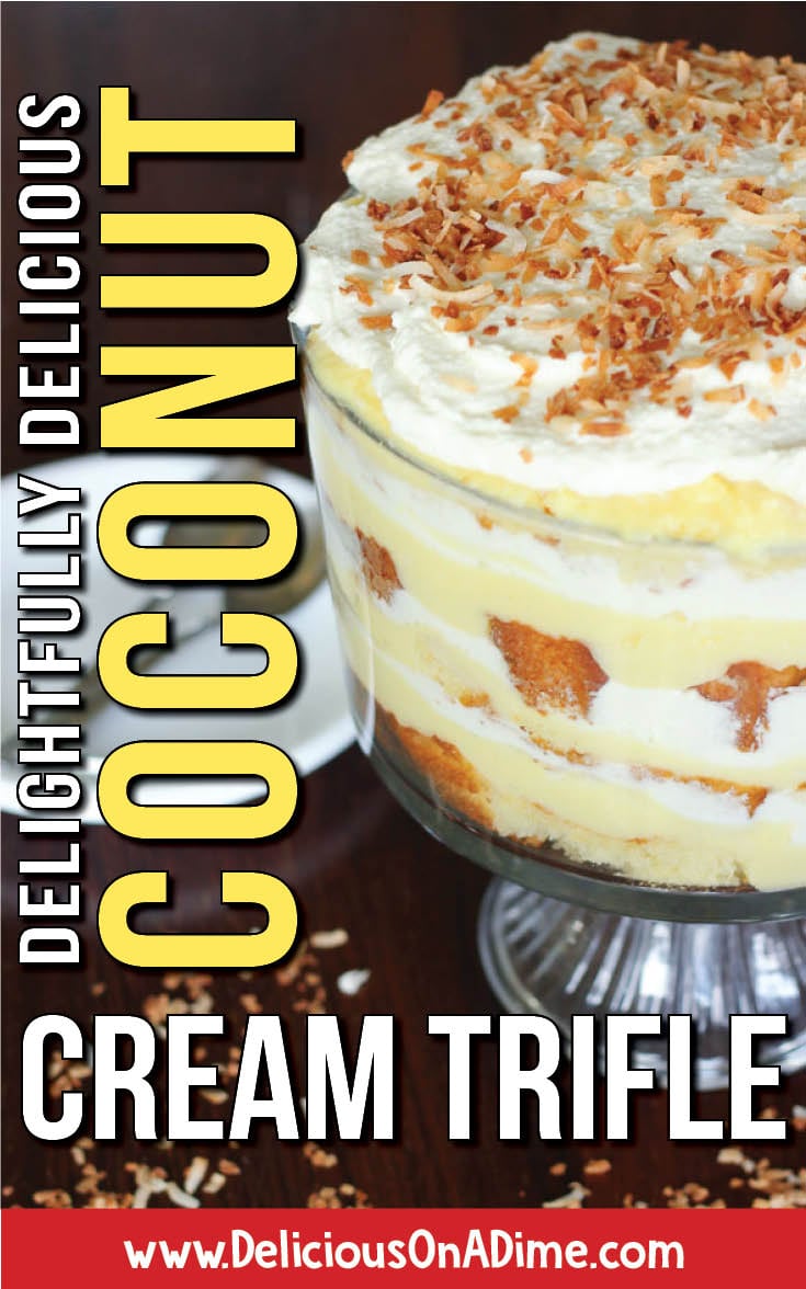 Looking for an EASY, make ahead dessert for a summer bbq, potluck, dinner party or special occasion at ANY time of year?! If you love coconut cream pie (who doesn't?!), try this easy trifle!
Moist cake, coconut pudding filling, fluffy coconut whipped cream and sweet toasted coconut make this dessert heaven!
Perfect for anyone who's not sure how to make pie. Pour a cup of coffee and enjoy this trifle!!
#cheapdesserts #coconutdesserts #makeaheaddesserts