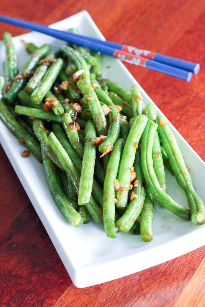 Asian-Style Green Beans on White Plate.