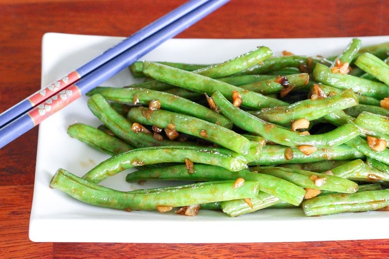 Asian-Style Green Beans on White Plate.