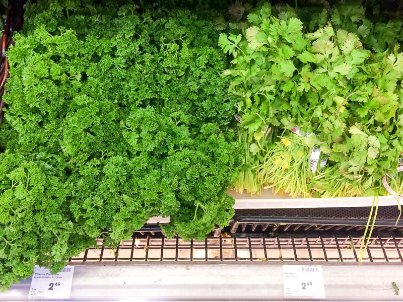 Fresh Parsley and Cilantro at Grocery Store.