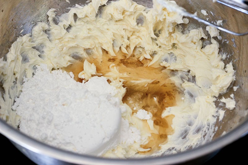 Cream Cheese, Icing Sugar and Vanilla in Metal Mixing Bowl.