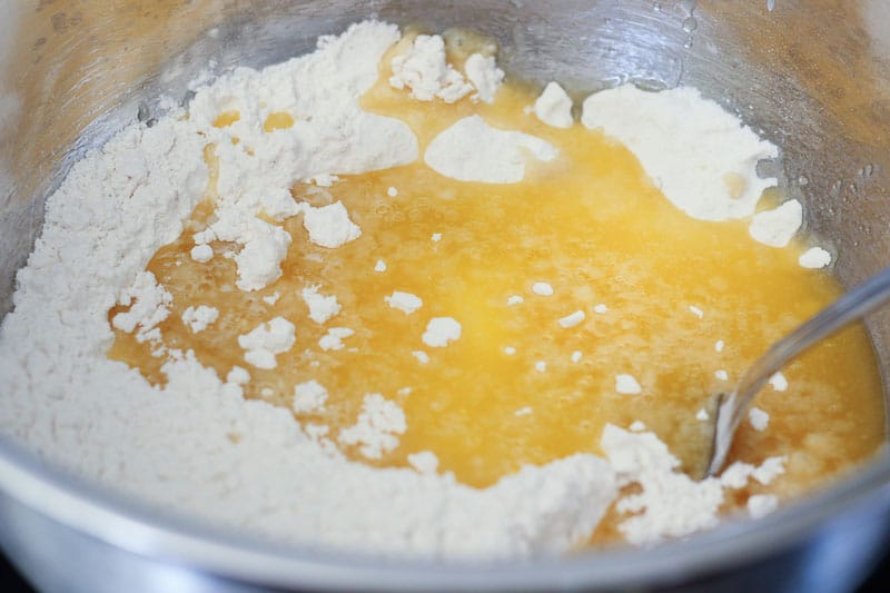 Flour and Butter Mixed in Metal Mixing Bowl.
