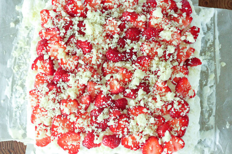 Strawberry Shortcake Bars topped with Shortbread Crumbs.