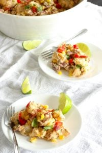 Southwest Potato Salad on white plate with lime wedge.