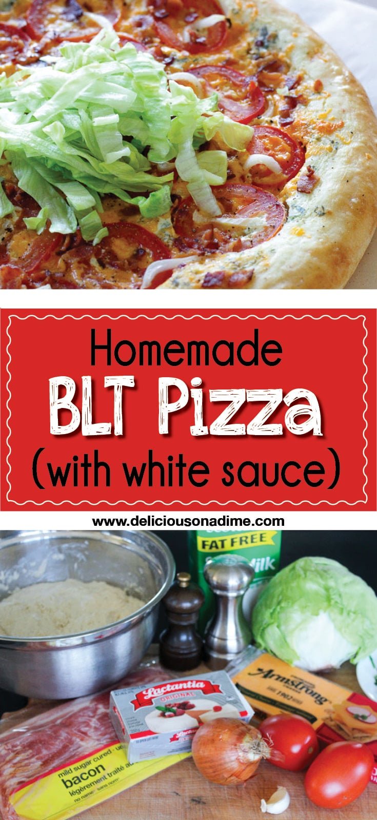 This Homemade BLT Pizza (with white sauce) recipe is a refreshing new spin on everyone's beloved classic BLT. Smoky bacon, fresh tomatoes, crunchy lettuce and a creamy white sauce will make this homemade pizza your new favourite way to enjoy a BLT.