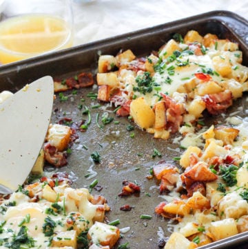 Potato, Egg, bacon and cheese on sheet pan.