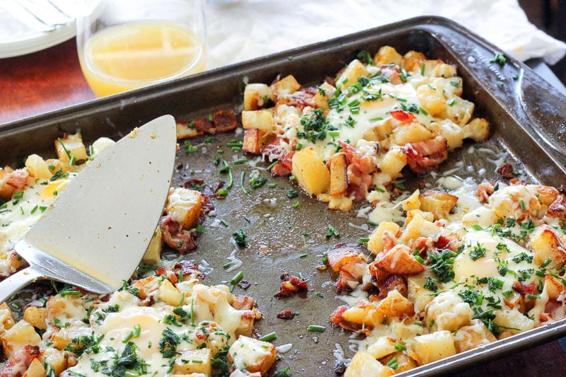 Potatoes, Bacon and Eggs Topped with Parsley on Sheet Pan.