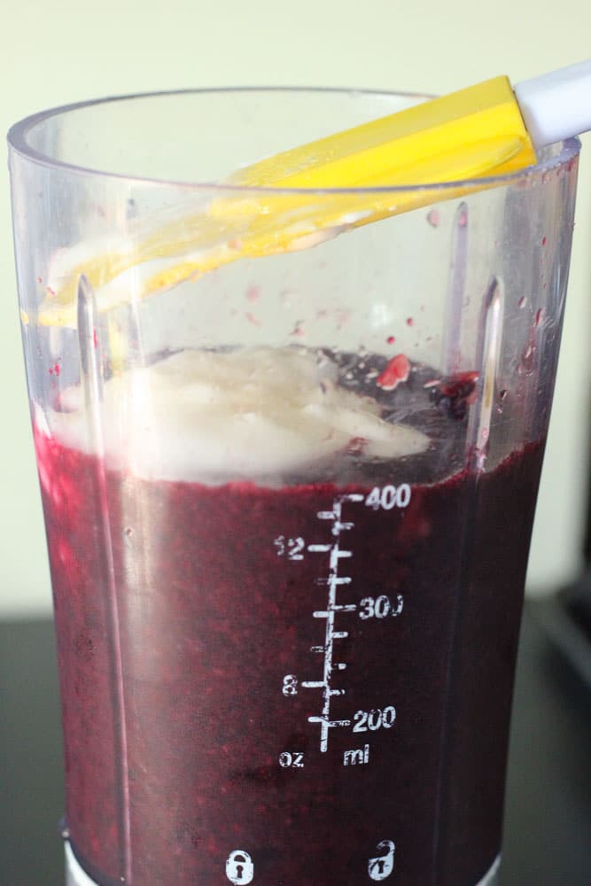 Adding Yogurt to Blueberry and Peach Puree in Blender.