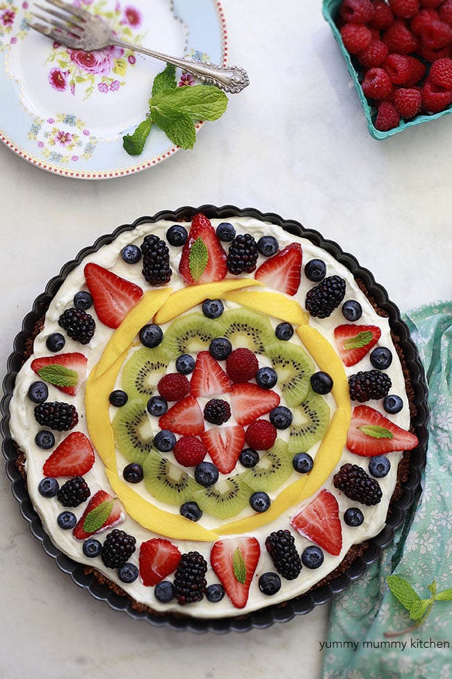 Granola and Fruit Tart topped with Fresh Fruit.