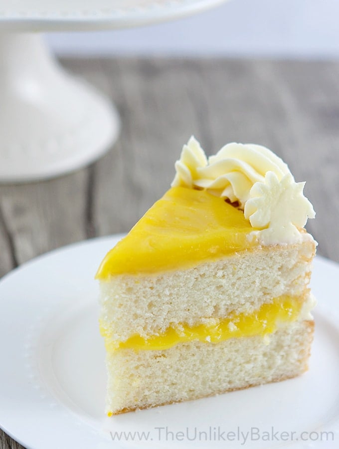 Layered Lemon Cake on White Plate.