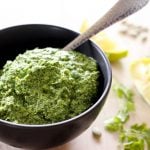This Super Easy Cilantro Pesto recipe is a simple, healthy condiment you can make in 5 minutes. Then enjoy it on crackers, as a chicken marinade, tossed with pasta, brushed on grilled shrimp, or mixed into a creamy or olive oil salad dressing. So many delicious cilantro possibilities! We LOVE it!