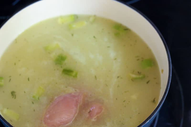 Adding Raw Chicken Breast to Soup in Blue Pot.