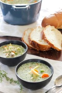 Creamy Chicken Noodle Soup in Black Bowls.