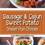 This Sausage and Cajun Sweet Potato Sheet Pan Dinner recipe is on the table in 25 minutes and is easy easy easy! Make it as a quick weeknight supper, or do your lunch prep for the entire week! You can customize the cajun spice to make it spicy or completely mild. It's delicious!