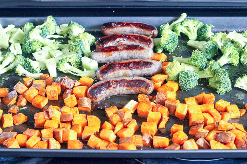 Chopped Broccoli, Cubed Sweet Potatoes and Sausages on Sheet Pan.