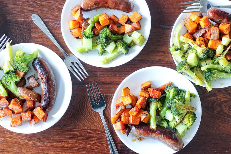 Sausage, Cubed Sweet Potatoes and Chopped Broccoli on white plates.