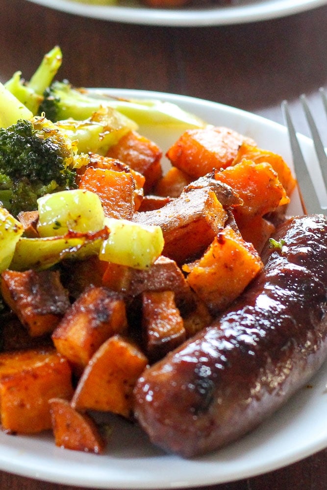 Sausage, Cubed Sweet Potatoes and Broccoli on White Plate.
