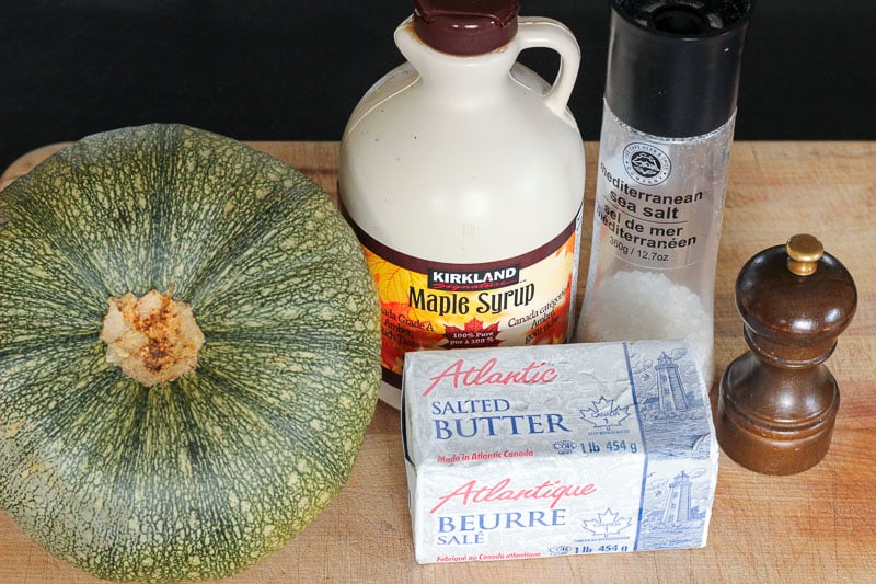 Oven Baked Maple Squash Ingredients on Wooden Board.