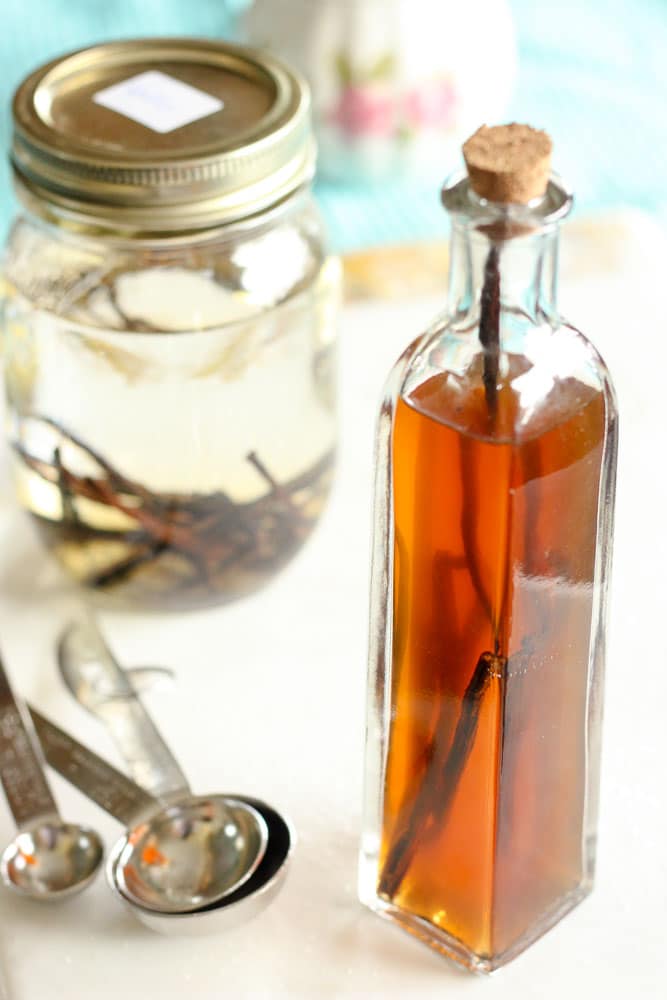 Bottle of Vanilla Extract topped with Cork.