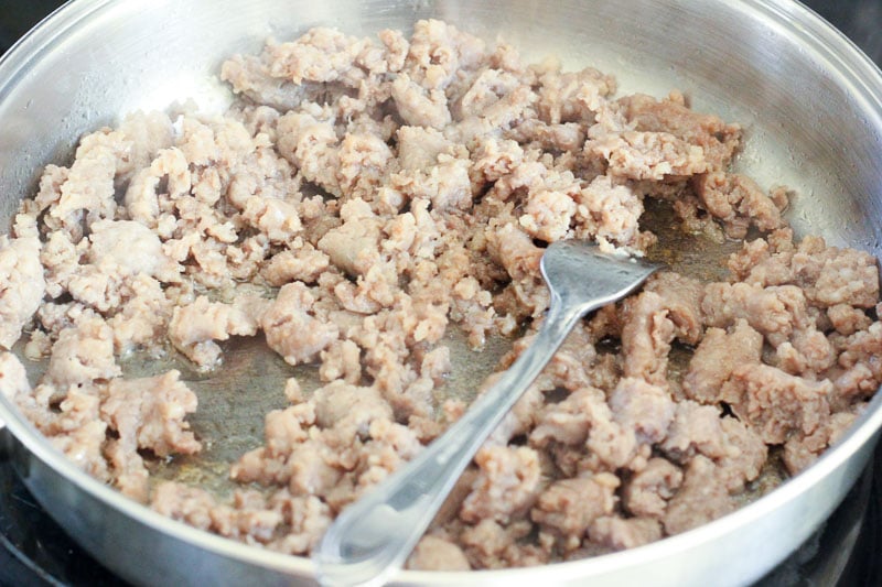 Crumbled Sausage in Frying Pan.