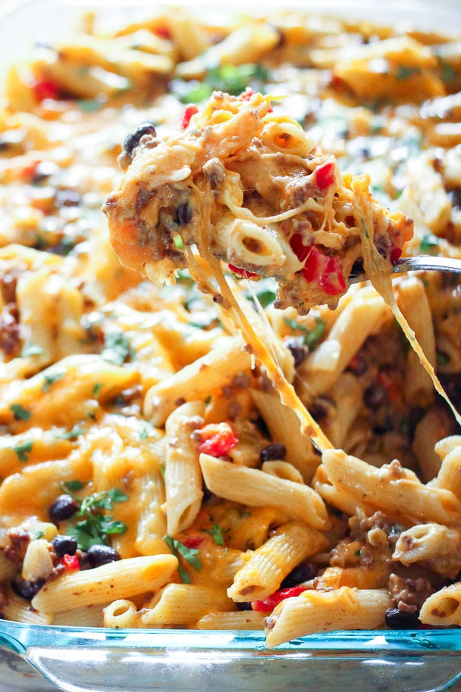 Chile Con Queso Pasta in Glass Baking Dish.