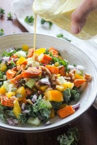 Healthy Fall Salad with Kale, Sweet Potatoes and Creamy Maple Curry Dressing is delicious and easy