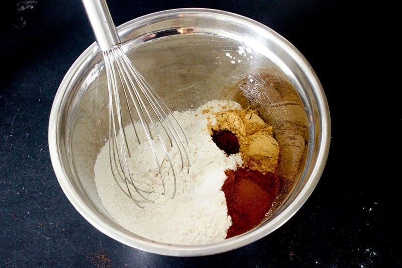 Whisking dry ingredients for Warm Gingerbread Cake with Salted Caramel Sauce.