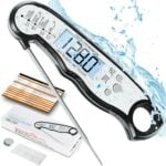 Digital meat thermometer getting splashed with water.