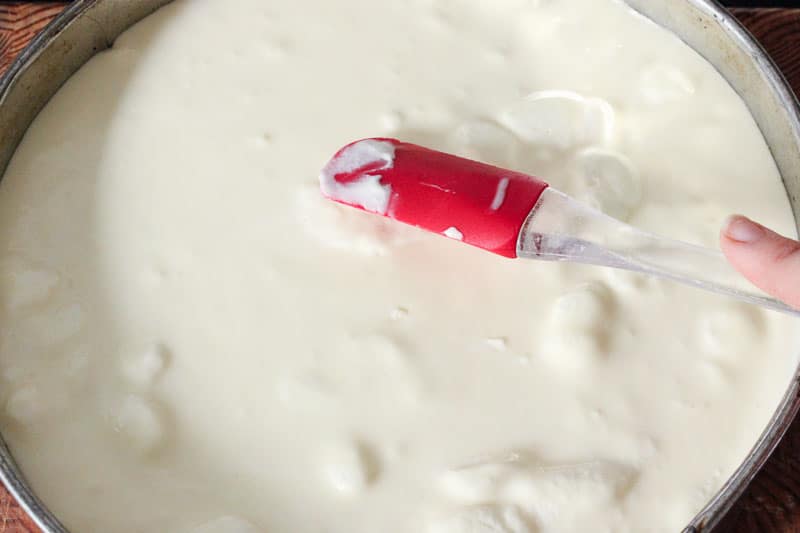 Adding Cream Cheese Mixture onto base of Cheesecake in Springform Pan.