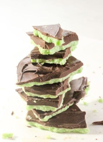 Stack of mint chocolate pieces.