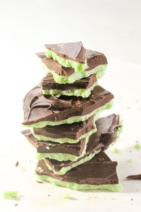 Stack of mint chocolate pieces.