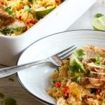 This One Pan THAI Chicken and Rice Bake will be one of your family's favourite meals! It's the perfect healthy comfort food (no condensed soup!) and won't leave you with a pile of dishes! Easy dinners for the win! (PS - It's also gluten free!)