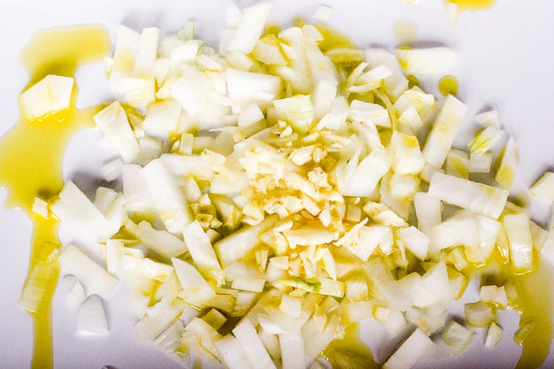 Chopped Onion, garlic and olive oil in pan.