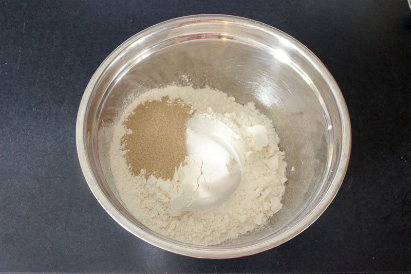 Flour, Instant Yeast and Salt in Metal Mixing Bowl.